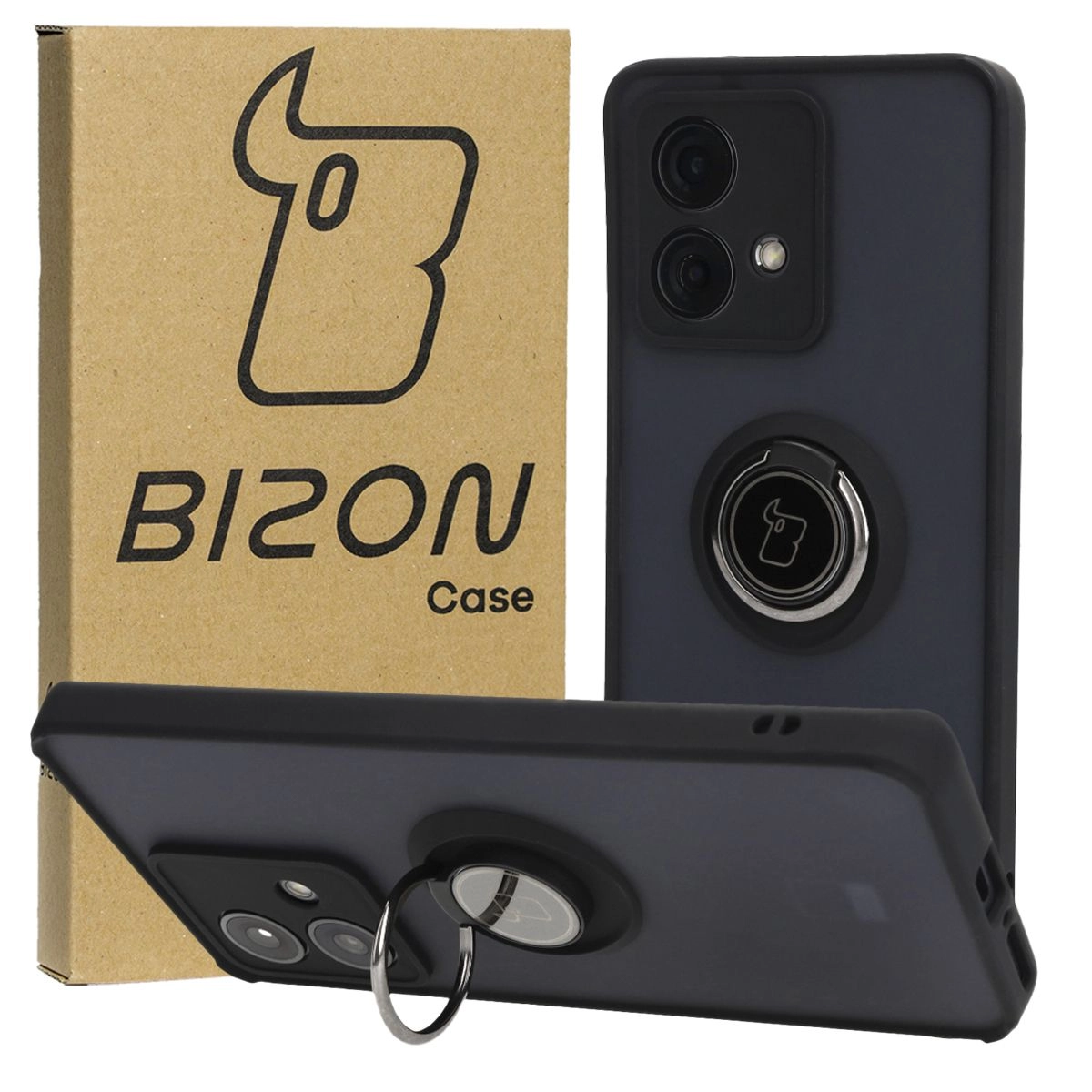 Etui Bizon z uchwytem na palec Hybrid Ring do Motorola Edge 40 Neo Przydymione z czarną ramką