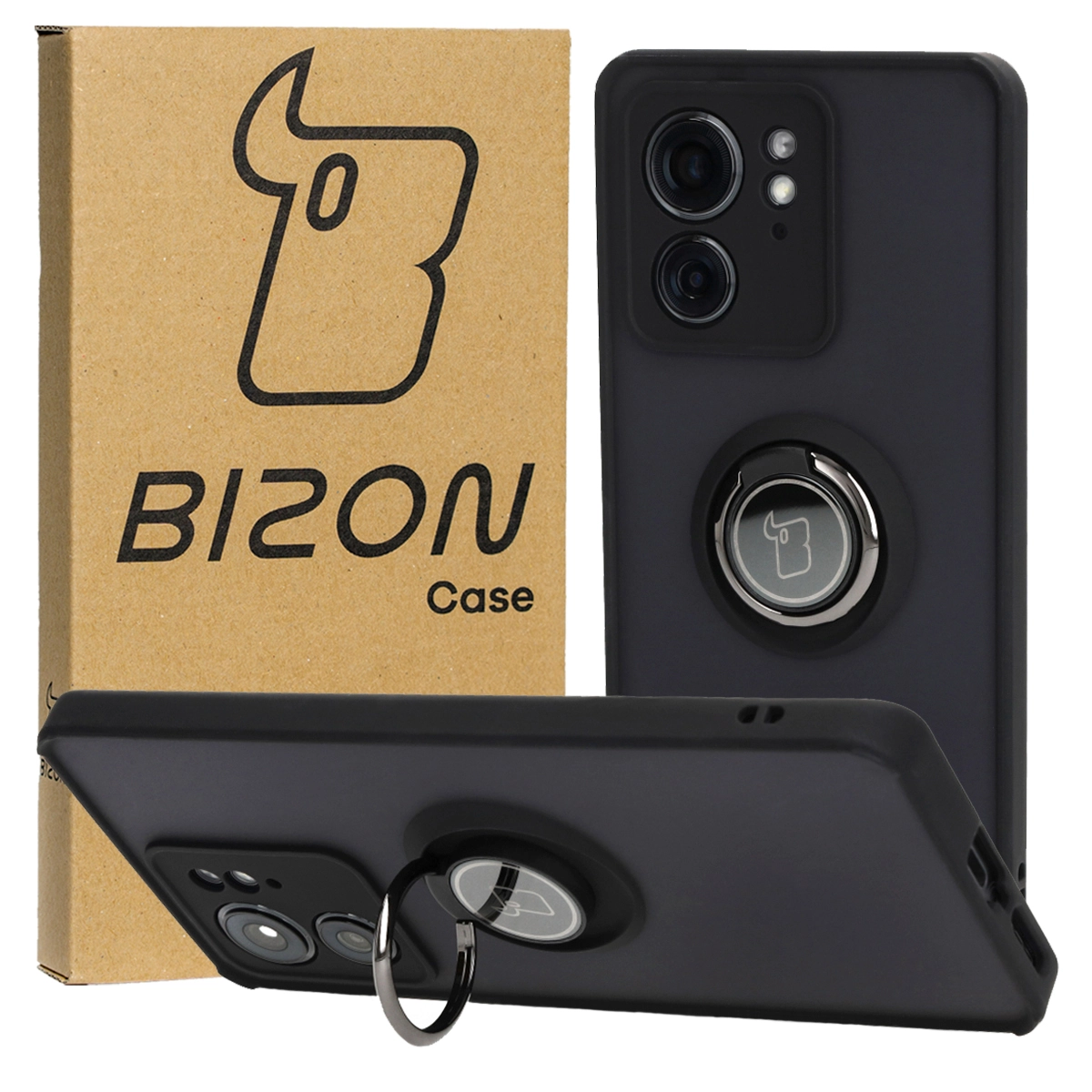 Etui Bizon z uchwytem na palec Hybrid Ring do Motorola Edge 40 Przydymione z czarną ramką