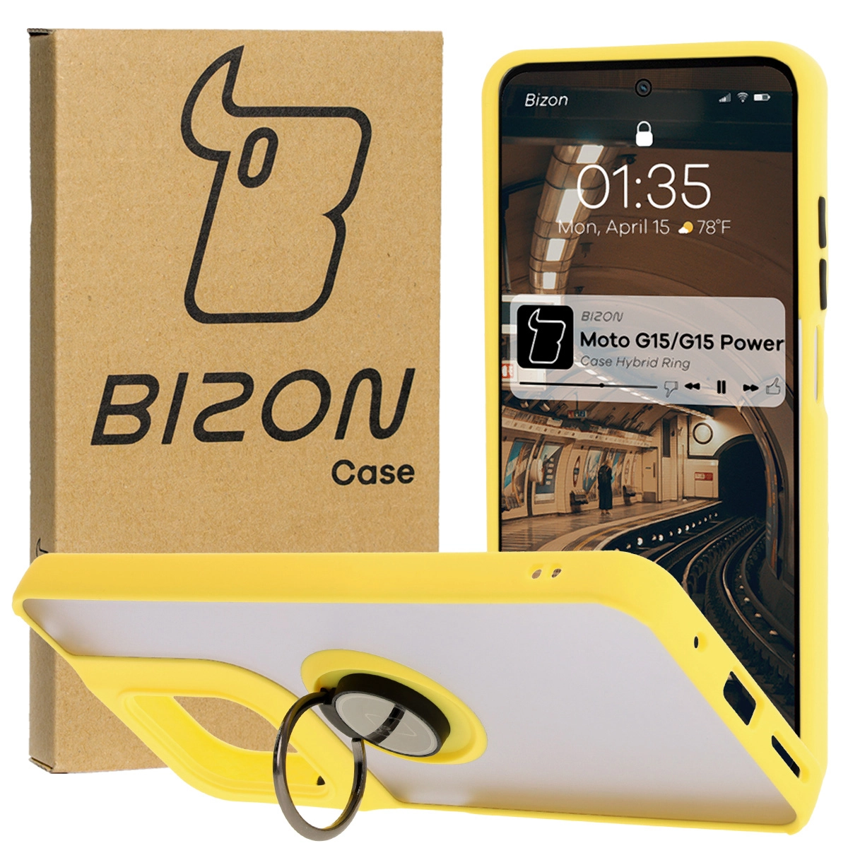 Etui Bizon z uchwytem na palec Hybrid Ring do Motorola Moto G15 / G15 Power Przydymione z żółtą ramką