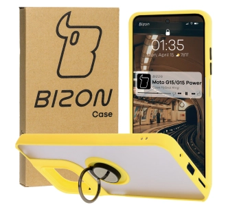 Etui Bizon z uchwytem na palec Hybrid Ring do Motorola Moto G15 / G15 Power Przydymione z żółtą ramką