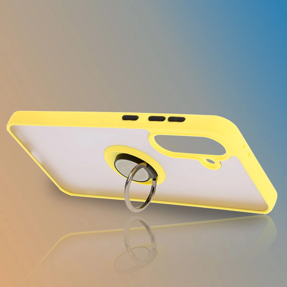 Etui Bizon z uchwytem na palec Hybrid Ring do Galaxy A36 5G / A56 5G Przydymione z żółtą ramką