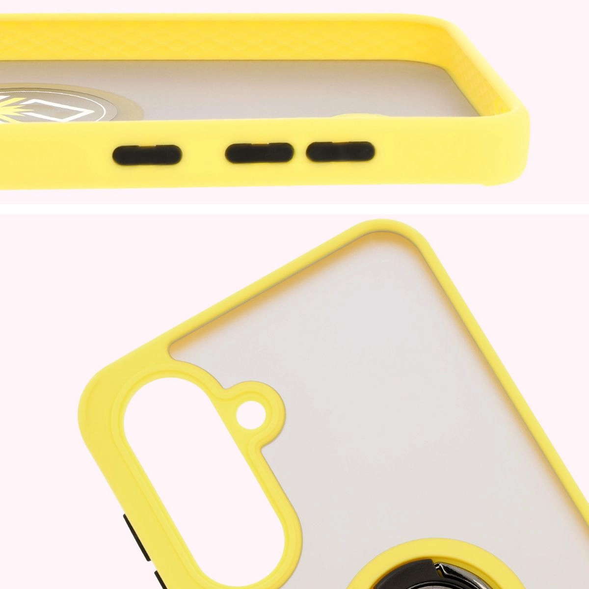 Etui Bizon z uchwytem na palec Hybrid Ring do Galaxy A36 5G / A56 5G Przydymione z żółtą ramką