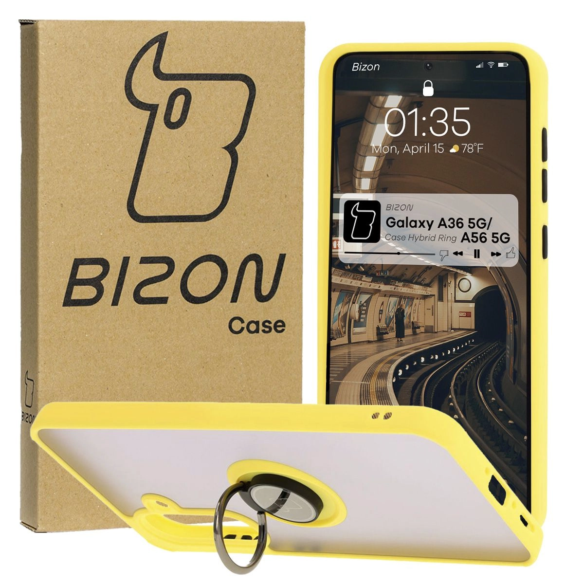 Etui Bizon z uchwytem na palec Hybrid Ring do Galaxy A36 5G / A56 5G Przydymione z żółtą ramką