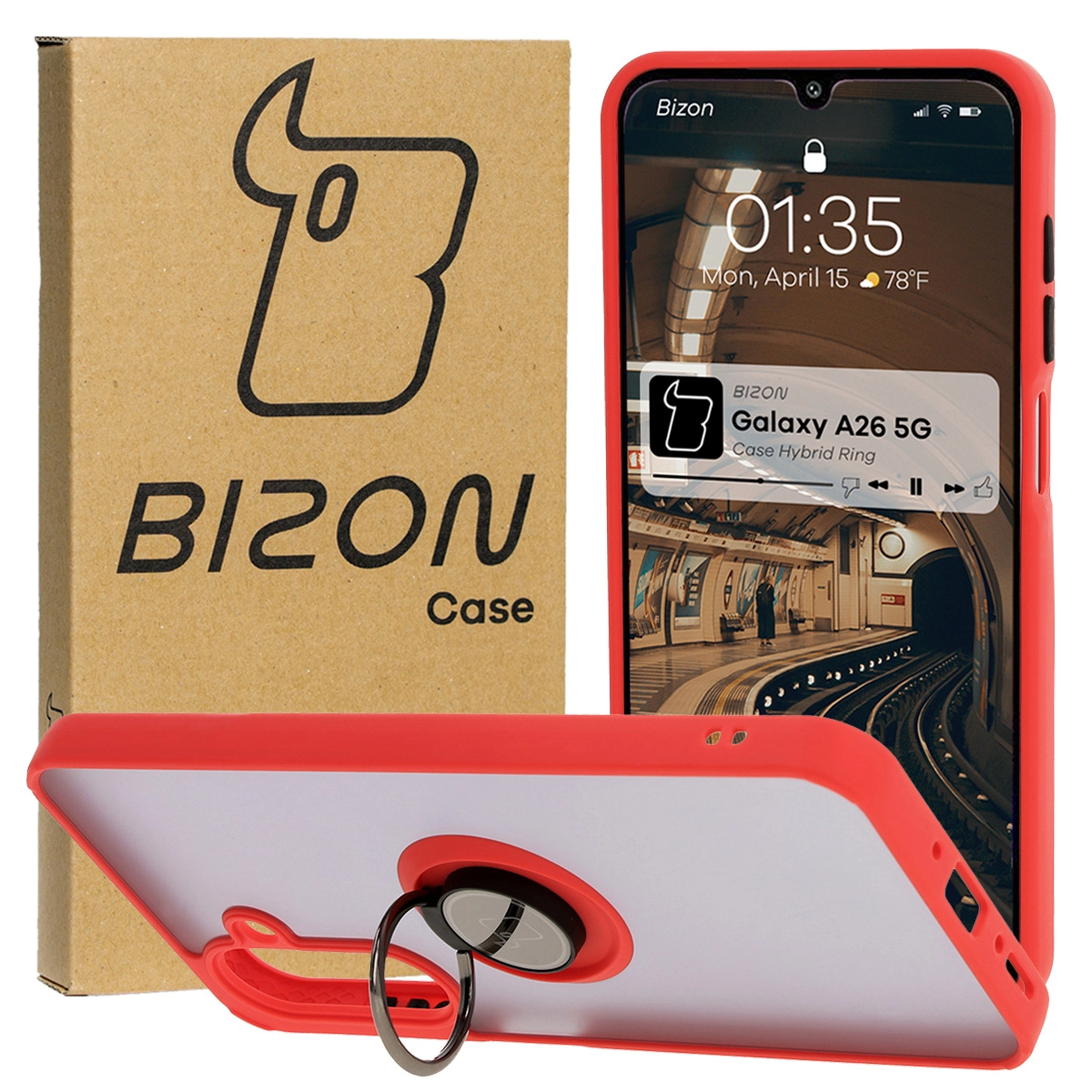 Etui Bizon z uchwytem na palec Hybrid Ring do Galaxy A26 5G Przydymione z czerwoną ramką