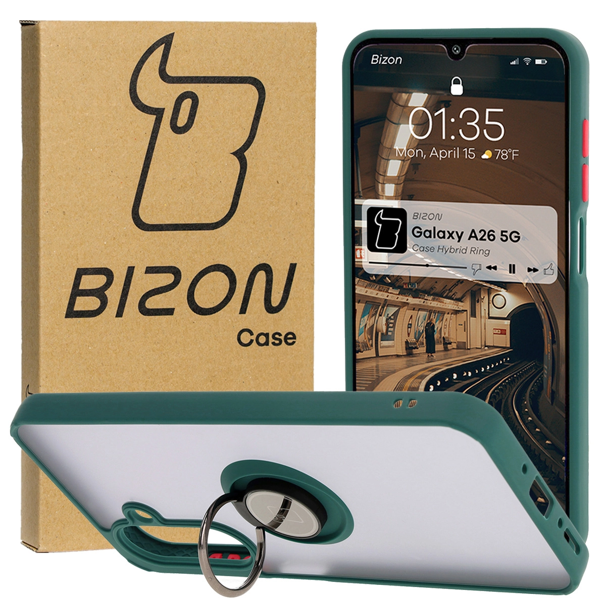 Etui Bizon z uchwytem na palec Hybrid Ring do Galaxy A26 5G Przydymione z ciemnozieloną ramką