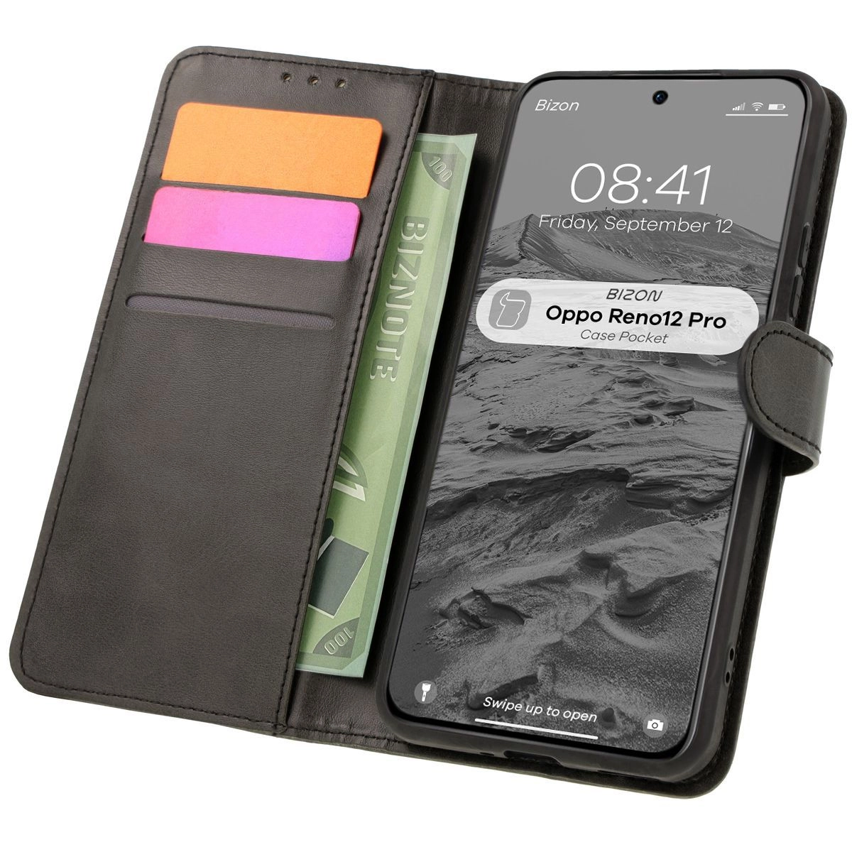 Etui Bizon z klapką Pocket do Oppo Reno 12 Pro Czarny