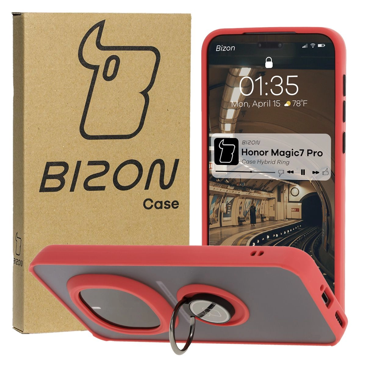 Etui Bizon z uchwytem na palec Hybrid Ring do Honor Magic7 Pro Przydymione z czerwoną ramką