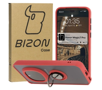Etui Bizon z uchwytem na palec Hybrid Ring do Honor Magic7 Pro Przydymione z czerwoną ramką