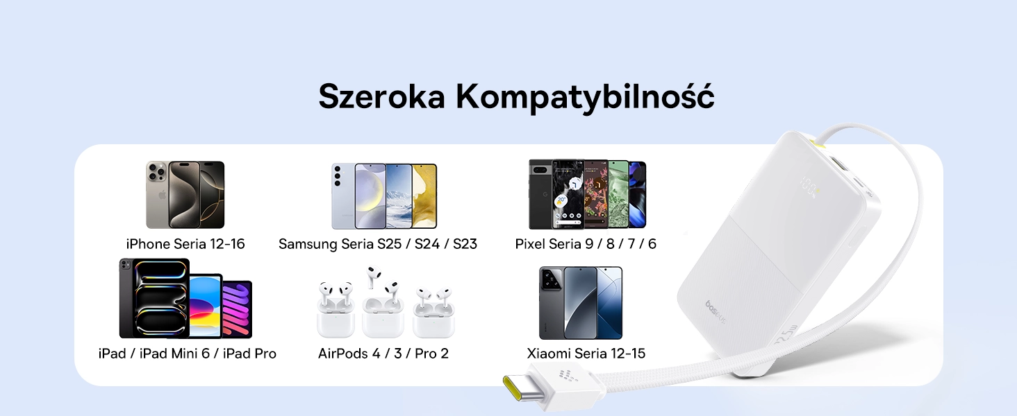 Powerbank Baseus Bipow 2 Pro 10000mAh 22.5W Cyfrowy wyświetlacz, Wbudowany kabel USB-C Biały