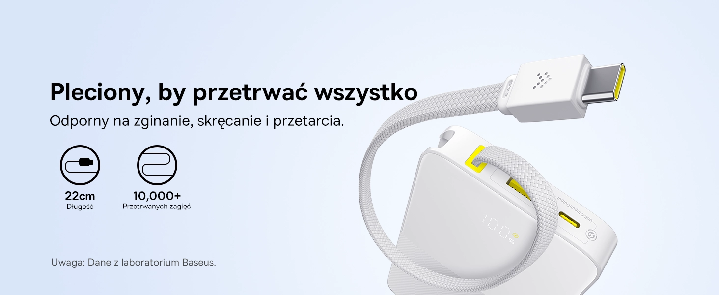 Powerbank Baseus Bipow 2 Pro 10000mAh 22.5W Cyfrowy wyświetlacz, Wbudowany kabel USB-C Biały