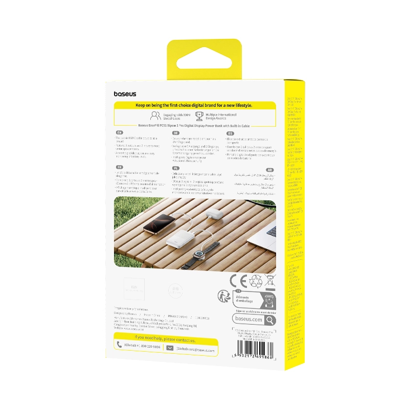 Powerbank Baseus Bipow 2 Pro 10000mAh 22.5W Cyfrowy wyświetlacz, Wbudowany kabel USB-C Biały