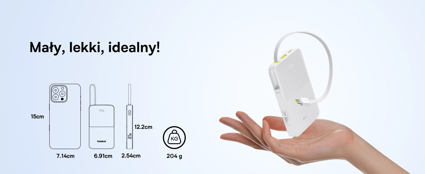 Powerbank Baseus Bipow 2 Pro 10000mAh 22.5W Cyfrowy wyświetlacz, Wbudowany kabel USB-C Biały