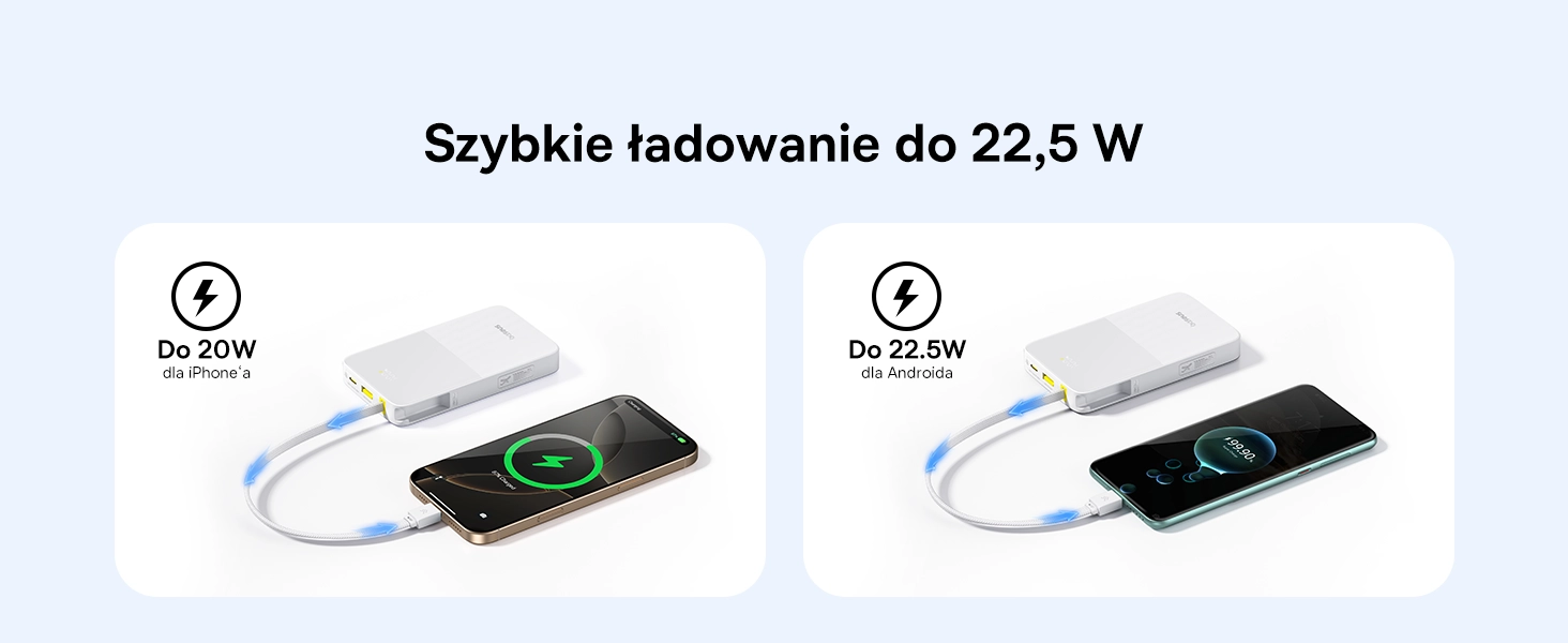 Powerbank Baseus Bipow 2 Pro 10000mAh 22.5W Cyfrowy wyświetlacz, Wbudowany kabel USB-C Biały