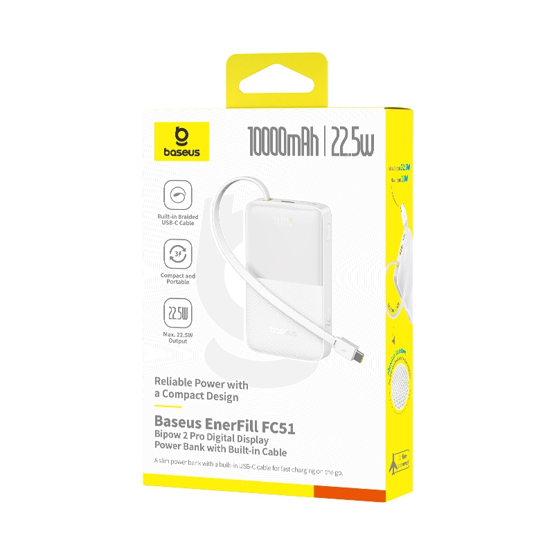 Powerbank Baseus Bipow 2 Pro 10000mAh 22.5W Cyfrowy wyświetlacz, Wbudowany kabel USB-C Biały