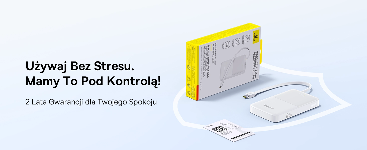 Powerbank Baseus Bipow 2 Pro 10000mAh 22.5W Cyfrowy wyświetlacz, Wbudowany kabel USB-C Biały