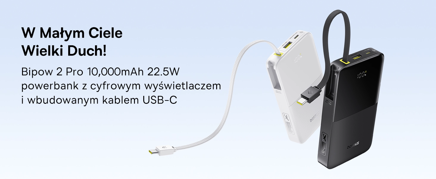 Powerbank Baseus Bipow 2 Pro 10000mAh 22.5W Cyfrowy wyświetlacz, Wbudowany kabel USB-C Biały
