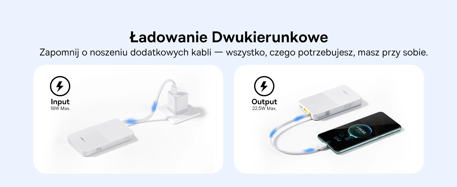 Powerbank Baseus Bipow 2 Pro 10000mAh 22.5W Cyfrowy wyświetlacz, Wbudowany kabel USB-C Biały
