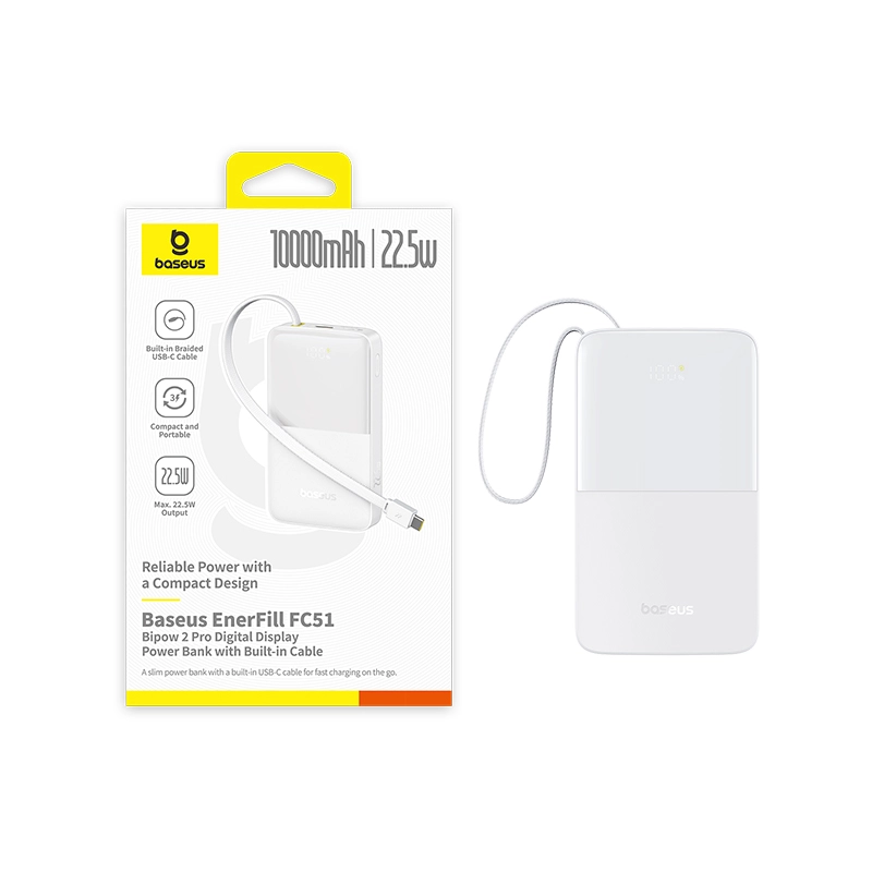 Powerbank Baseus Bipow 2 Pro 10000mAh 22.5W Cyfrowy wyświetlacz, Wbudowany kabel USB-C Biały