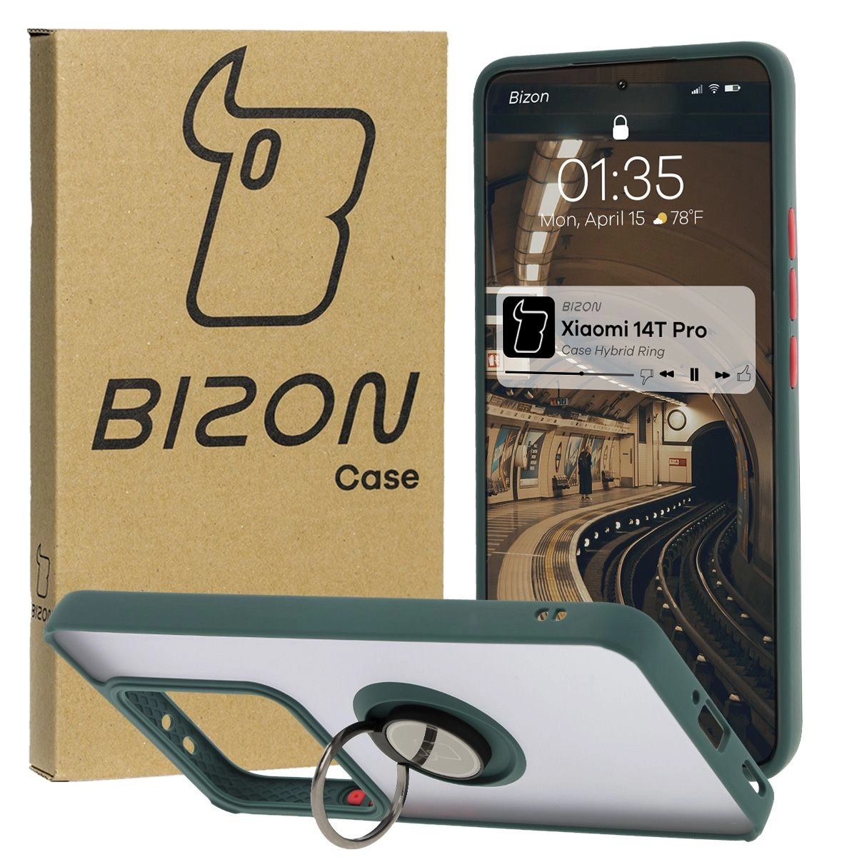 Etui Bizon z uchwytem na palec Hybrid Ring do Xiaomi 14T Pro przydymione z Ciemnozieloną ramką