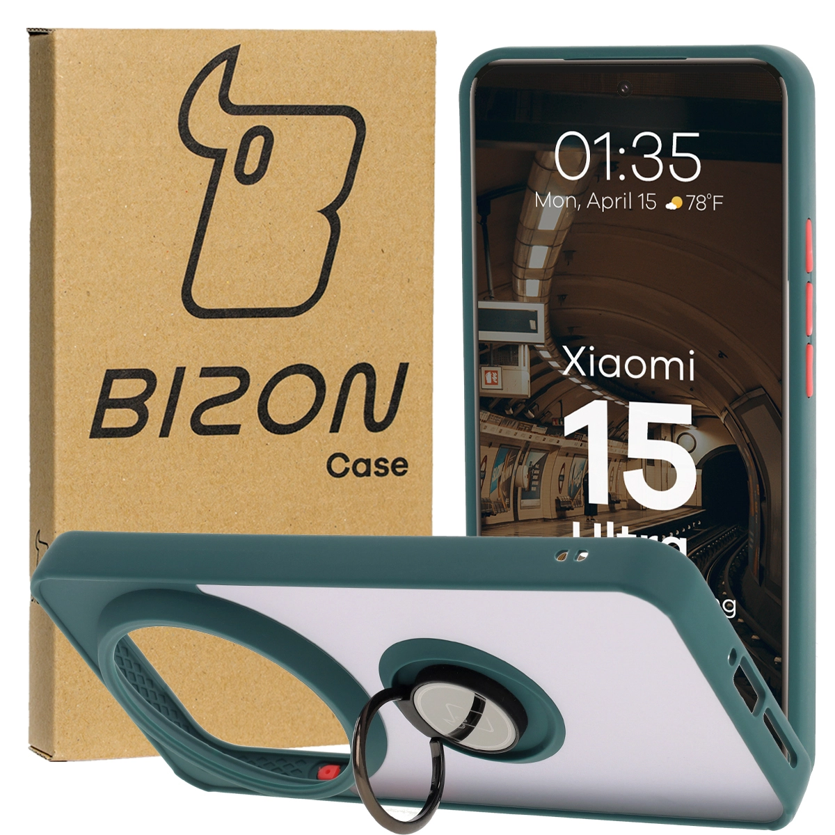 Etui Bizon z uchwytem na palec Hybrid Ring do Xiaomi 15 Ultra przydymione z Ciemnozieloną ramką