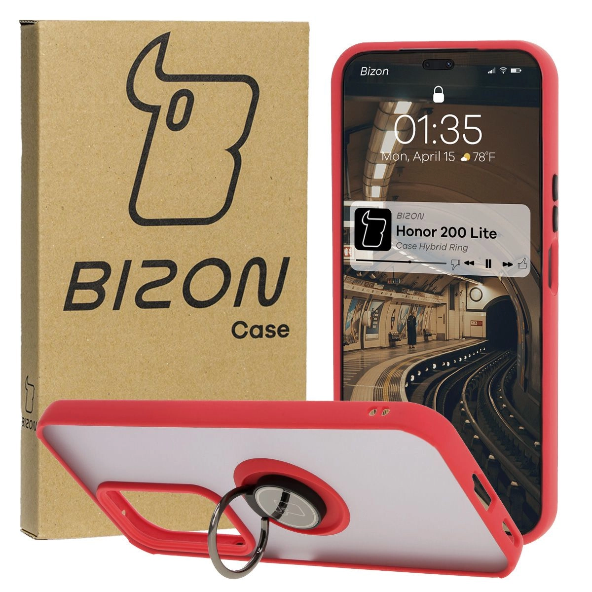 Bizon z uchwytem na palec Hybrid Ring do Honor 200 Lite przydymione z Czerwoną ramką