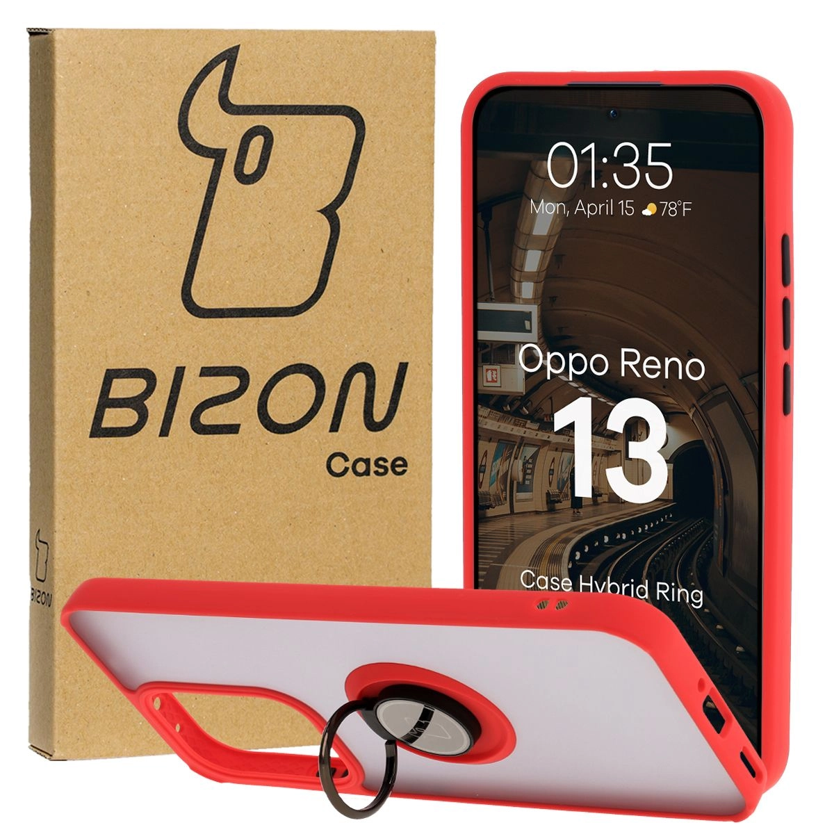 Etui Bizon z uchwytem na palec Hybrid Ring do Oppo Reno13 przydymione z Czerwoną ramką