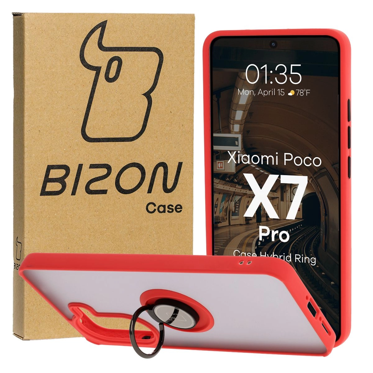 Etui Bizon z uchwytem na palec Hybrid Ring do Xiaomi Poco X7 Pro przydymione z Czerwoną ramką