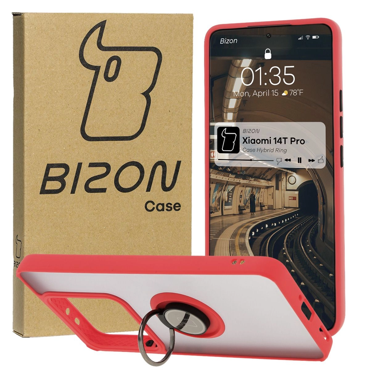 Etui Bizon z uchwytem na palec Hybrid Ring do Xiaomi 14T Pro przydymione z Czerwoną ramką