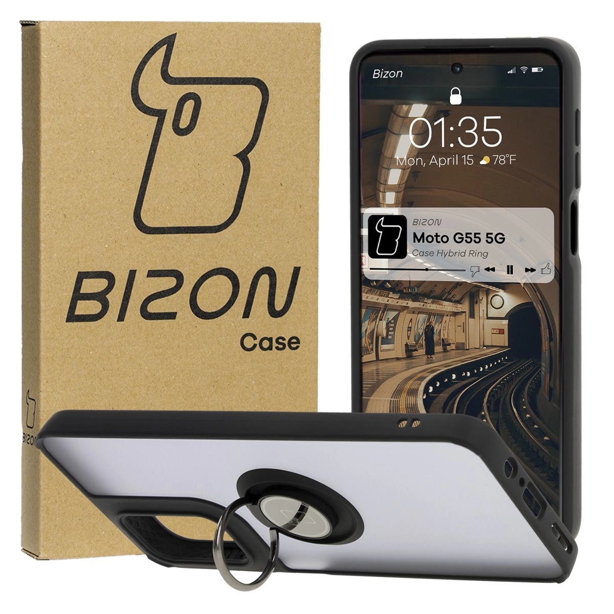 Etui Bizon z uchwytem na palec Hybrid Ring do Motorola Moto G55 5G przydymione z Czarną ramką