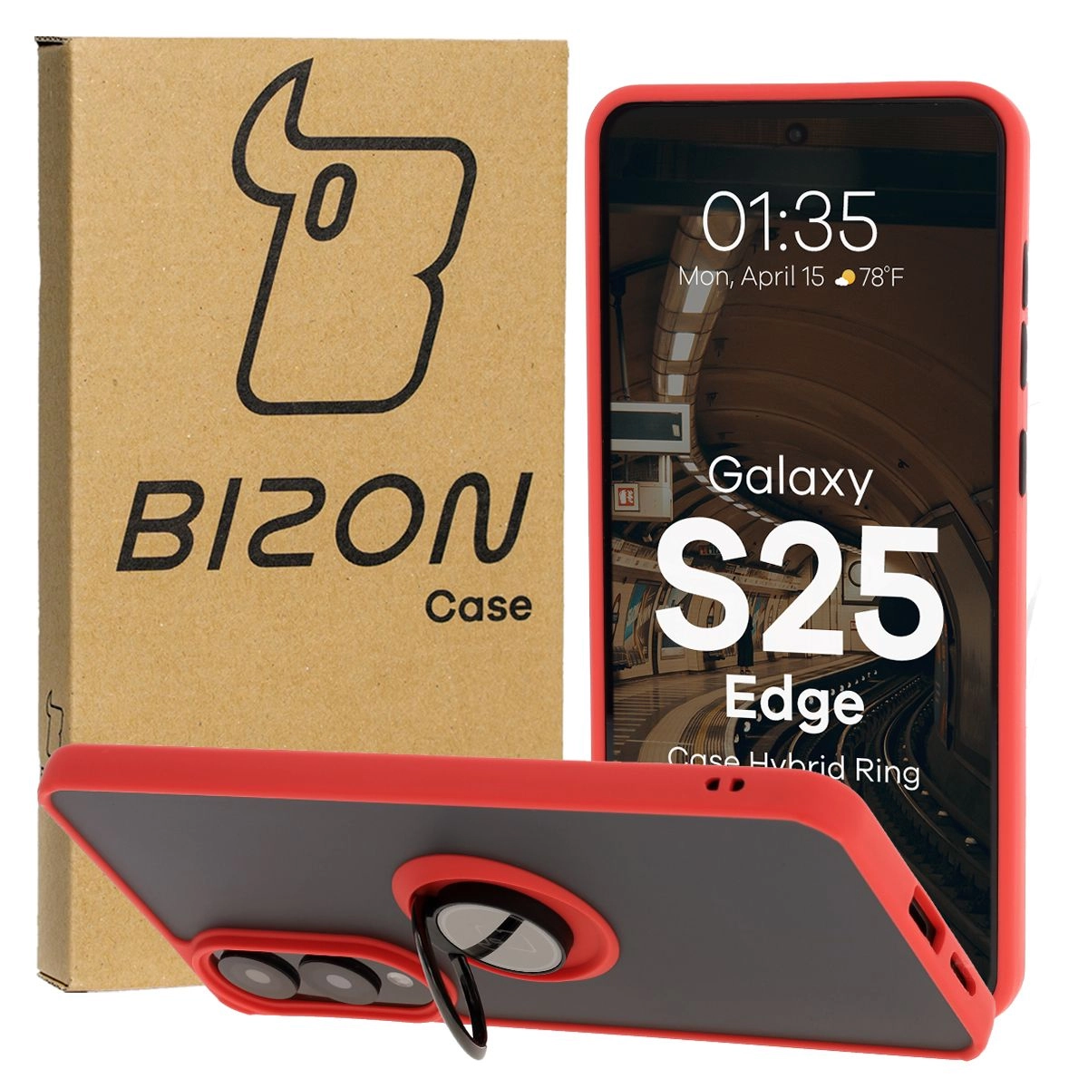 Etui Bizon z uchwytem na palec Hybrid Ring do Galaxy S25 Edge przydymione z Czerwoną ramką