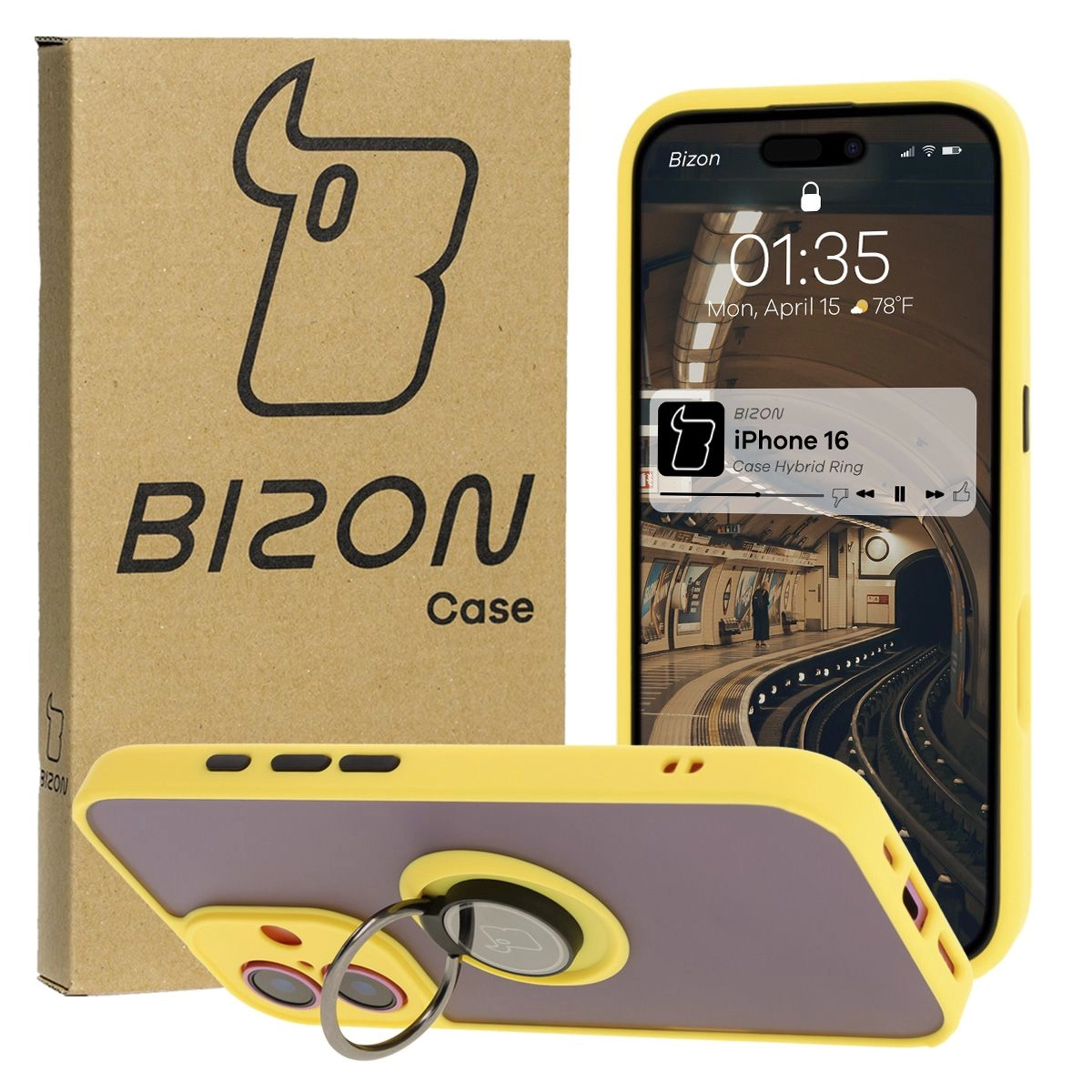 Etui Bizon z uchwytem na palec Hybrid Ring do iPhone 16 przydymione z Żółtą ramką