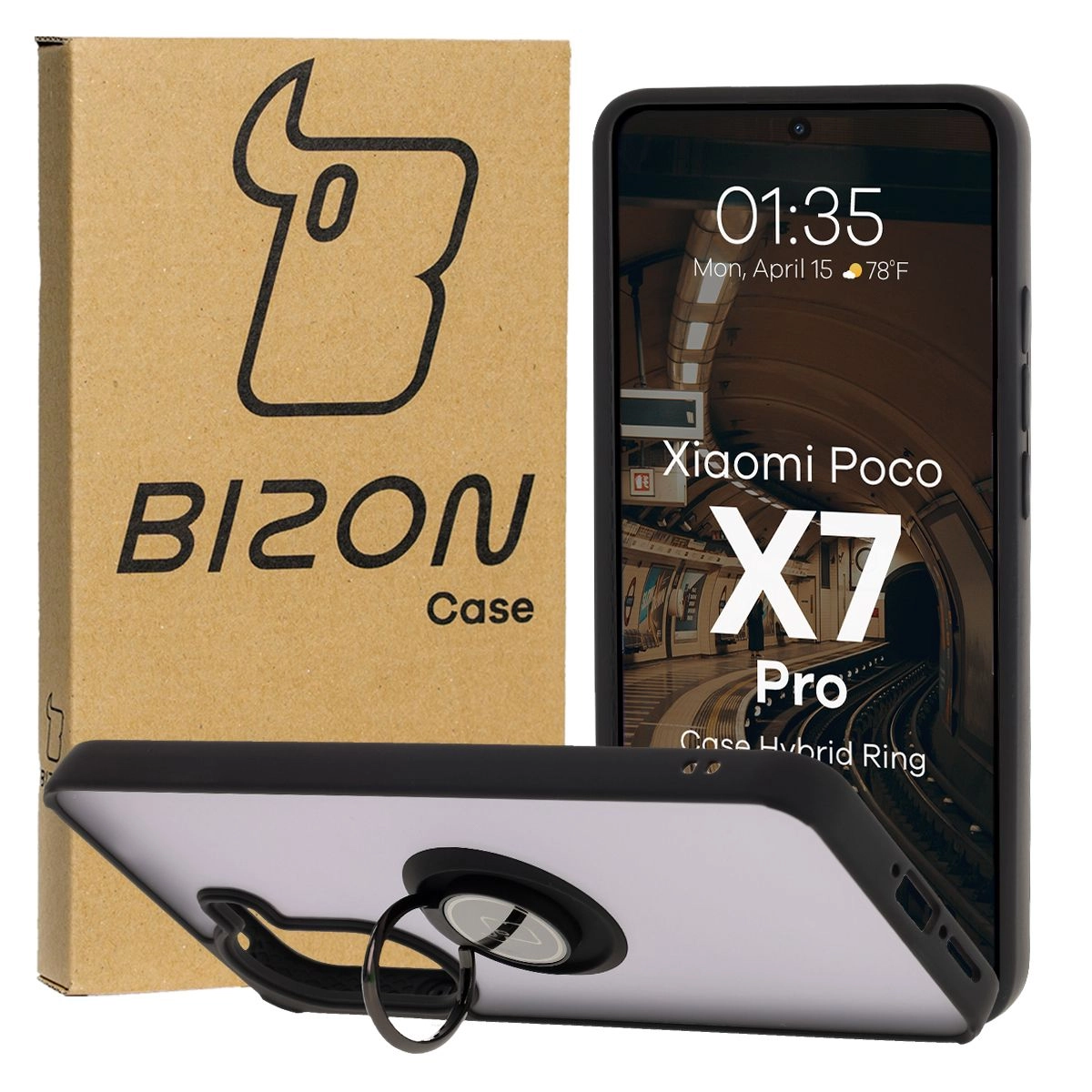 Etui Bizon z uchwytem na palec Hybrid Ring do Xiaomi Poco X7 Pro przydymione z Czarną ramką