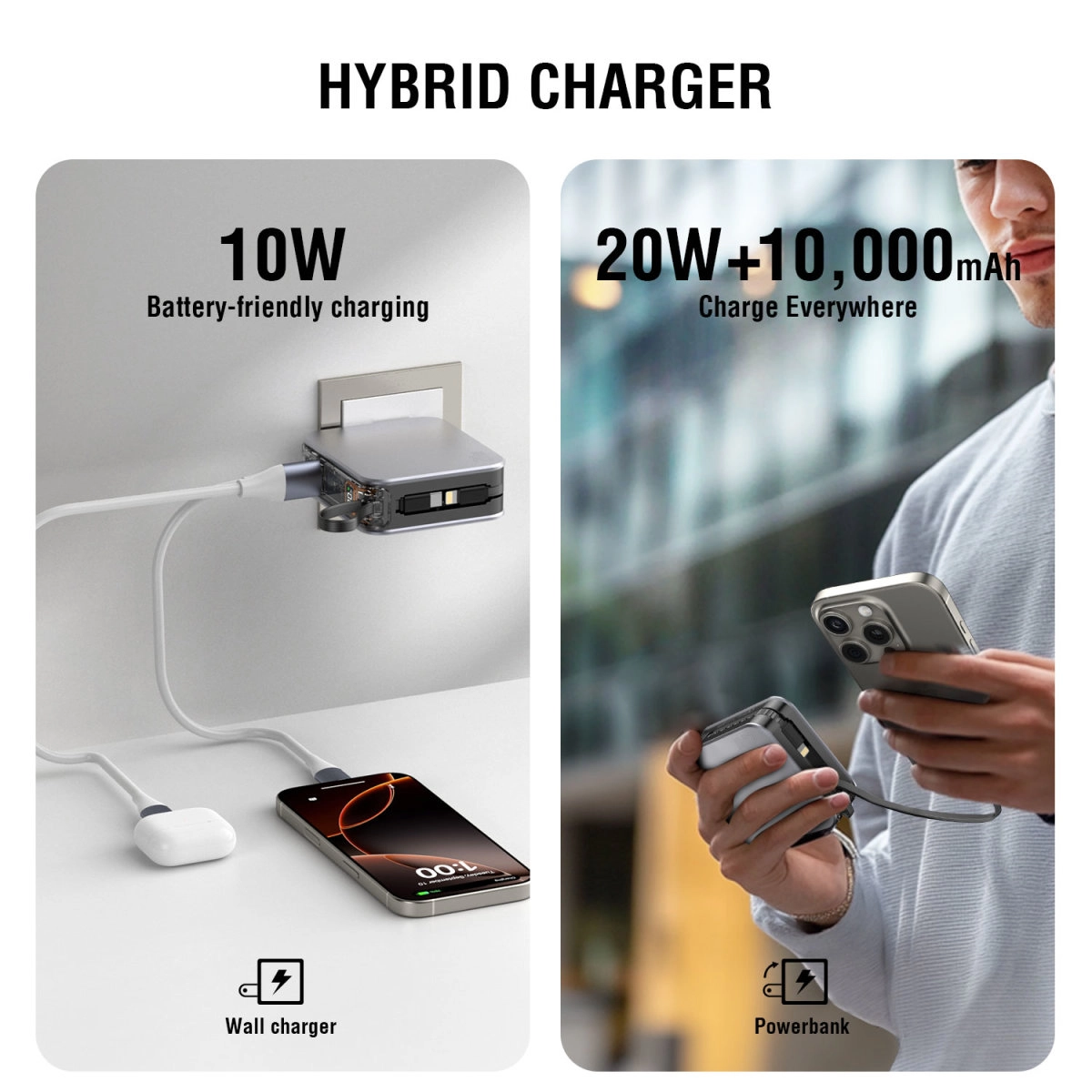 Powerbank 4smarts Lucid 3iw1 Hybrid Charger 10000mAh 20W Wbudowany kabel USB-C / Lightning Srebrny