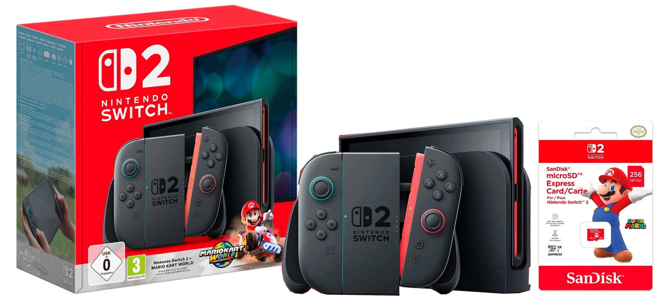 Konsola Nintendo Switch 2 Joy-Con Czarny + Mario Kart World + Karta pamięci SanDisk microSDXC Expres 256GB