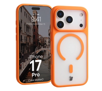 Etui Bizon MatteO z MagSafe do iPhone 17 Pro Półprzezroczyste z pomarańczową ramką