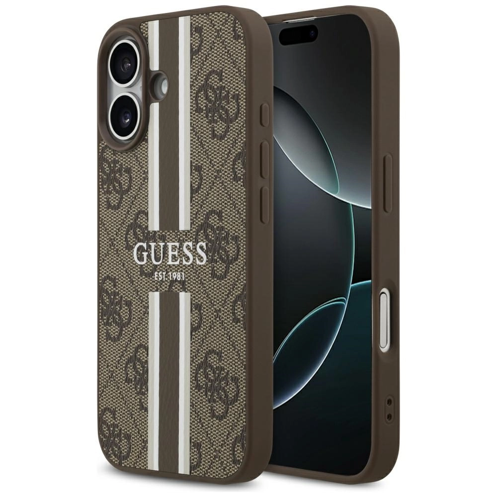 Etui Guess 4G Printed Stripes MagSafe do iPhone 17 Brązowy