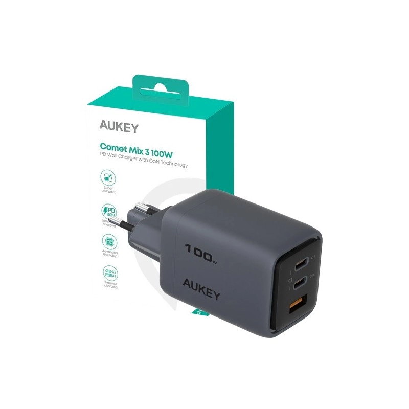 Ładowarka sieciowa Aukey PA-C5 2xUSB-C 1xUSB 100W Szary