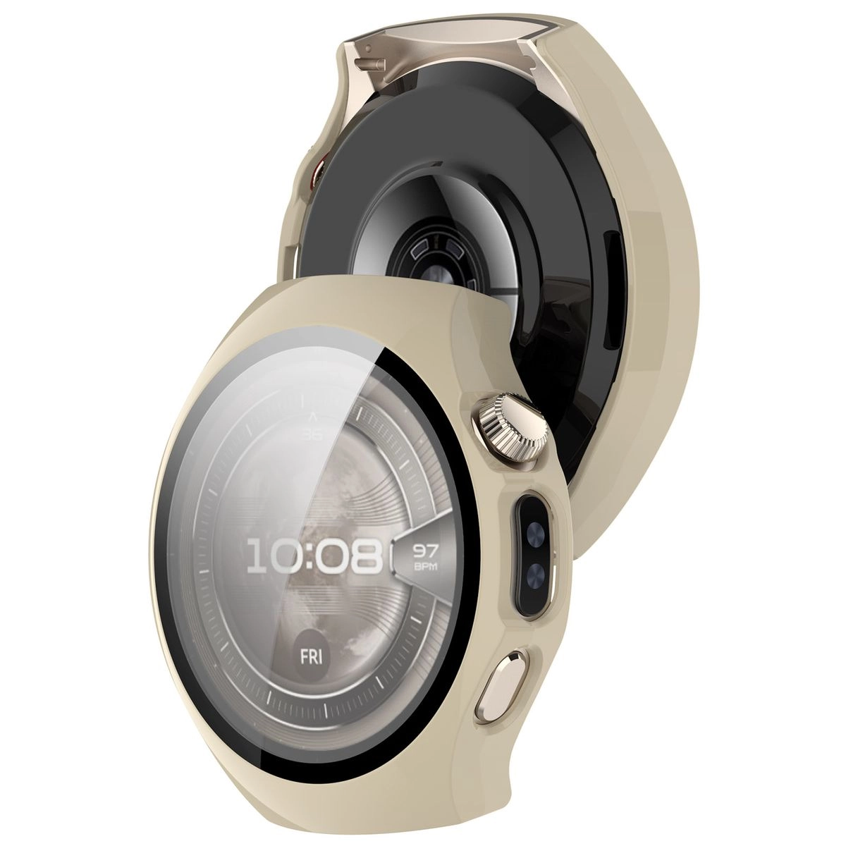 Nakładka na tarczę Bizon ze szkłem do Huawei Watch 5 46 mm beżowy