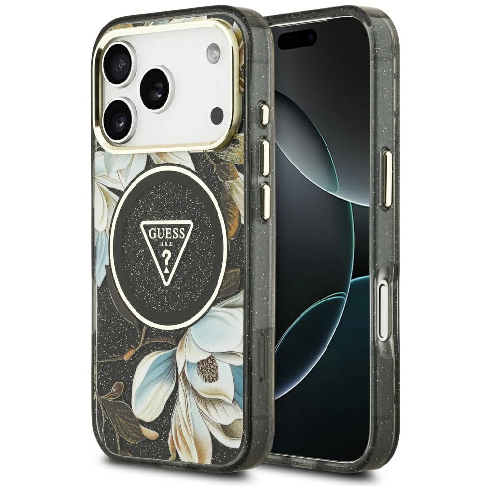 Etui Guess IML Glitter Flowers Triangle MagSafe do iPhone 17 Pro Max Czarny
