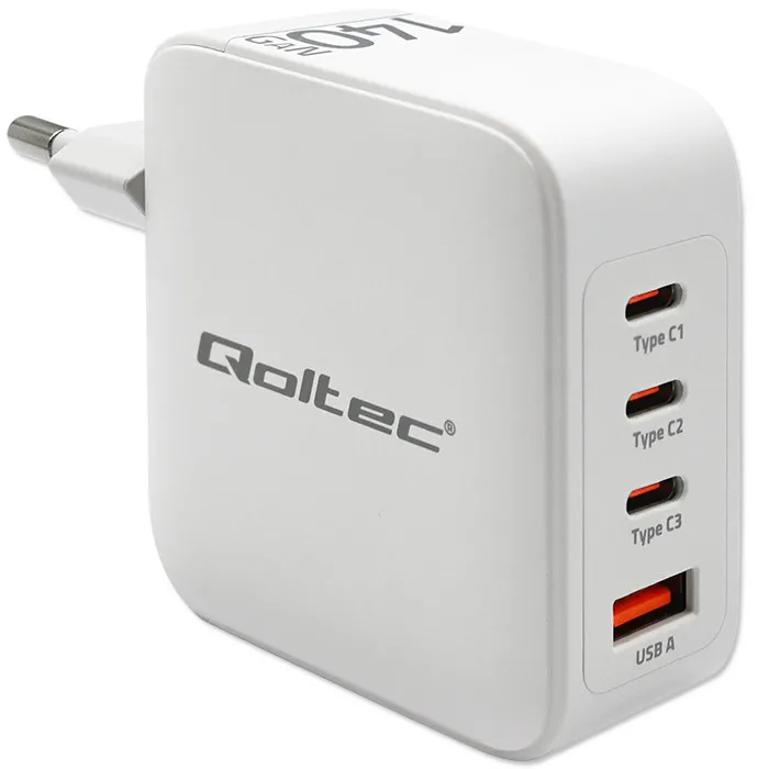 Ładowarka sieciowa Qoltec 51828 GaN USB-A 3x USB-C 140W Biały