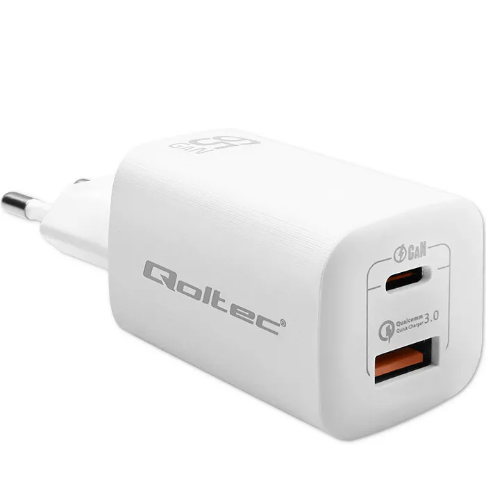 Ładowarka sieciowa Qoltec 50765 GaN ULTRA USB-A USB-C 65W Biały