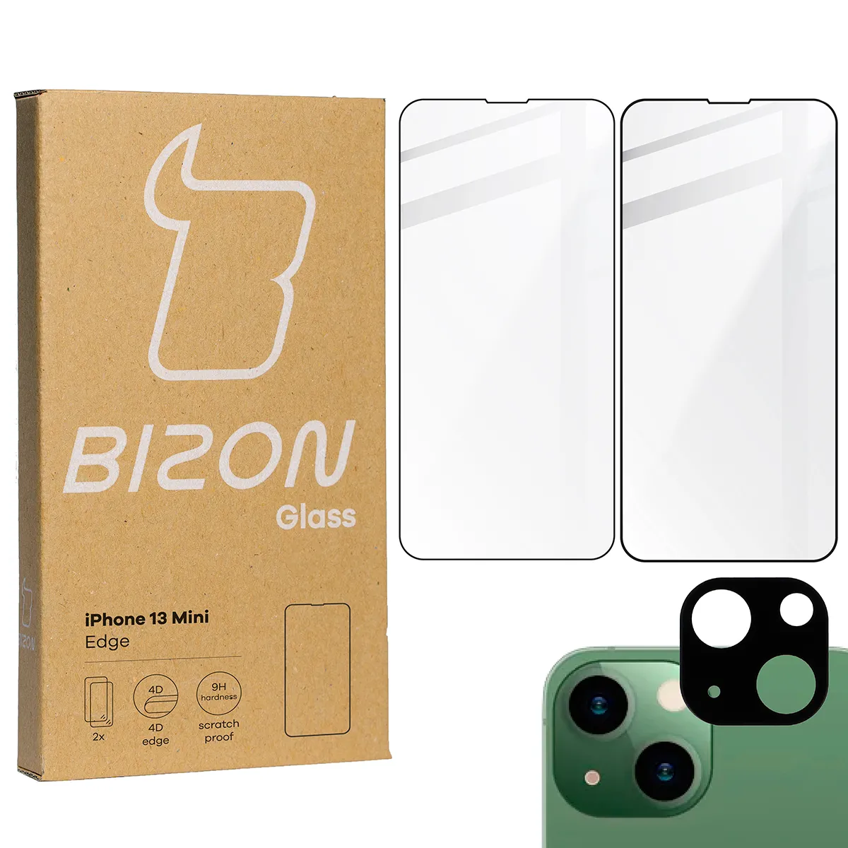 Zestaw ochronny Bizon 2x Szkło + szybka na aparat Edge Pack do iPhone 13 Mini