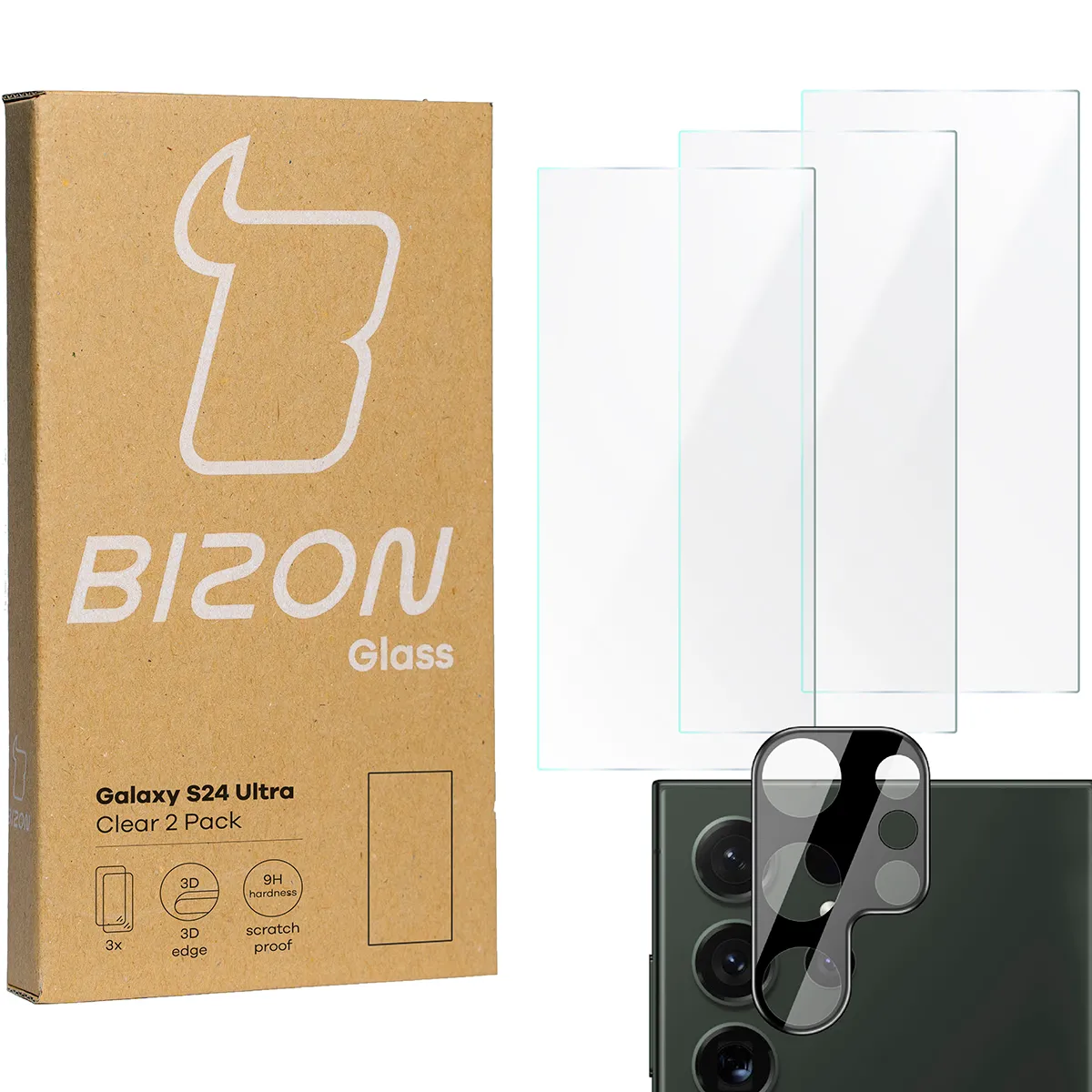 Zestaw ochronny Bizon 3x Szkło hartowane + szybka na aparat Clear 2 Pack do Samsung Galaxy S24 Ultra