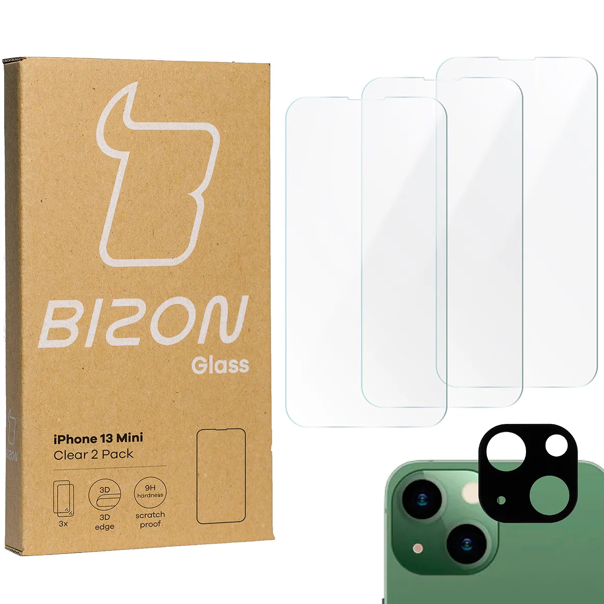 Zestaw ochronny Bizon 3x Szkło hartowane + szybka na aparat Clear 2 Pack do iPhone 13 Mini