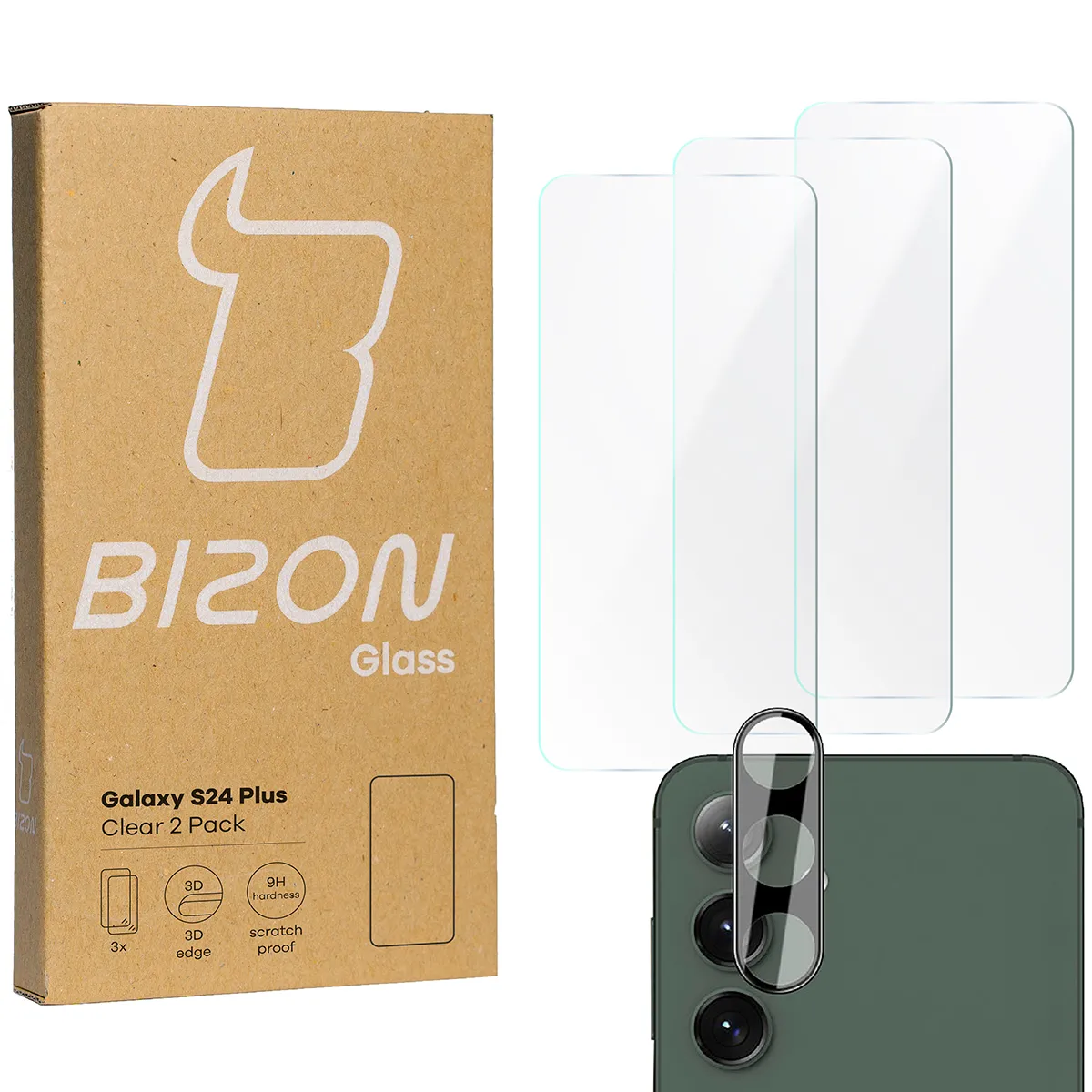 Zestaw ochronny Bizon 3x Szkło hartowane + szybka na aparat Clear 2 Pack do Samsung Galaxy S24 Plus