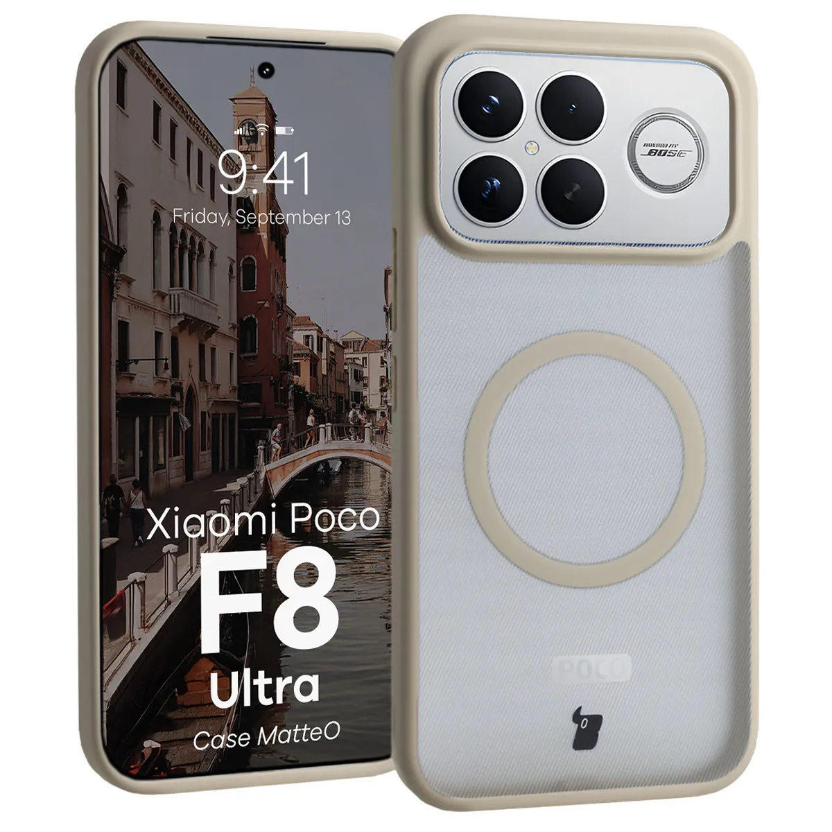 Etui Bizon MatteO do Xiaomi POCO F8 Ultra Półprzezroczyste z beżową ramką