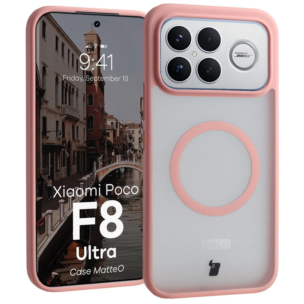 Etui Bizon MatteO do Xiaomi POCO F8 Ultra Półprzezroczyste z różową ramką