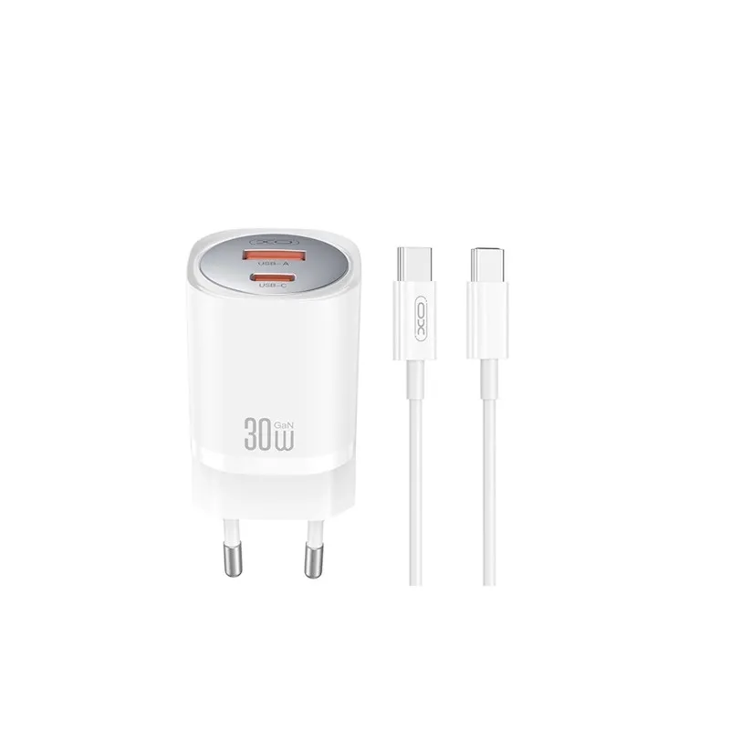 Ładowarka sieciowa XO CE21 USB-A USB-C 30W Biały + Kabel USB-C do USB-C