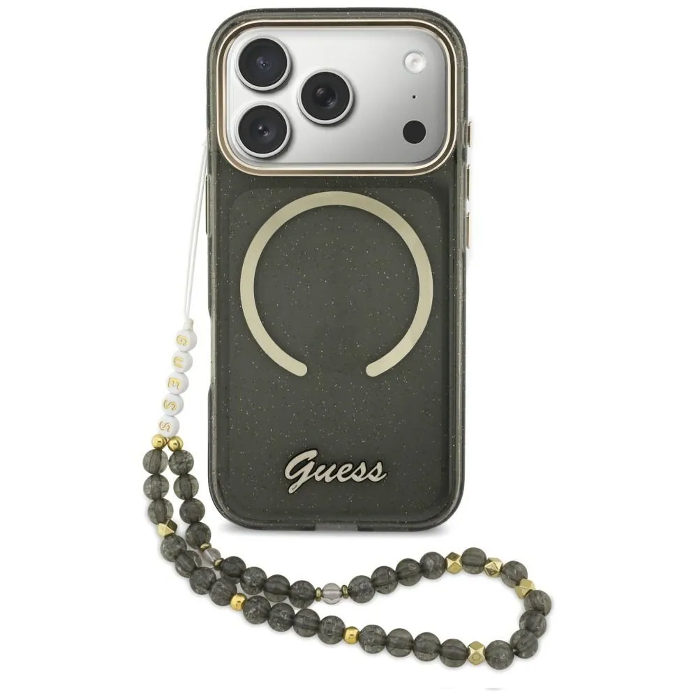 Etui Guess IML Glitters Script Strap MagSafe do iPhone 17 Pro Czarny