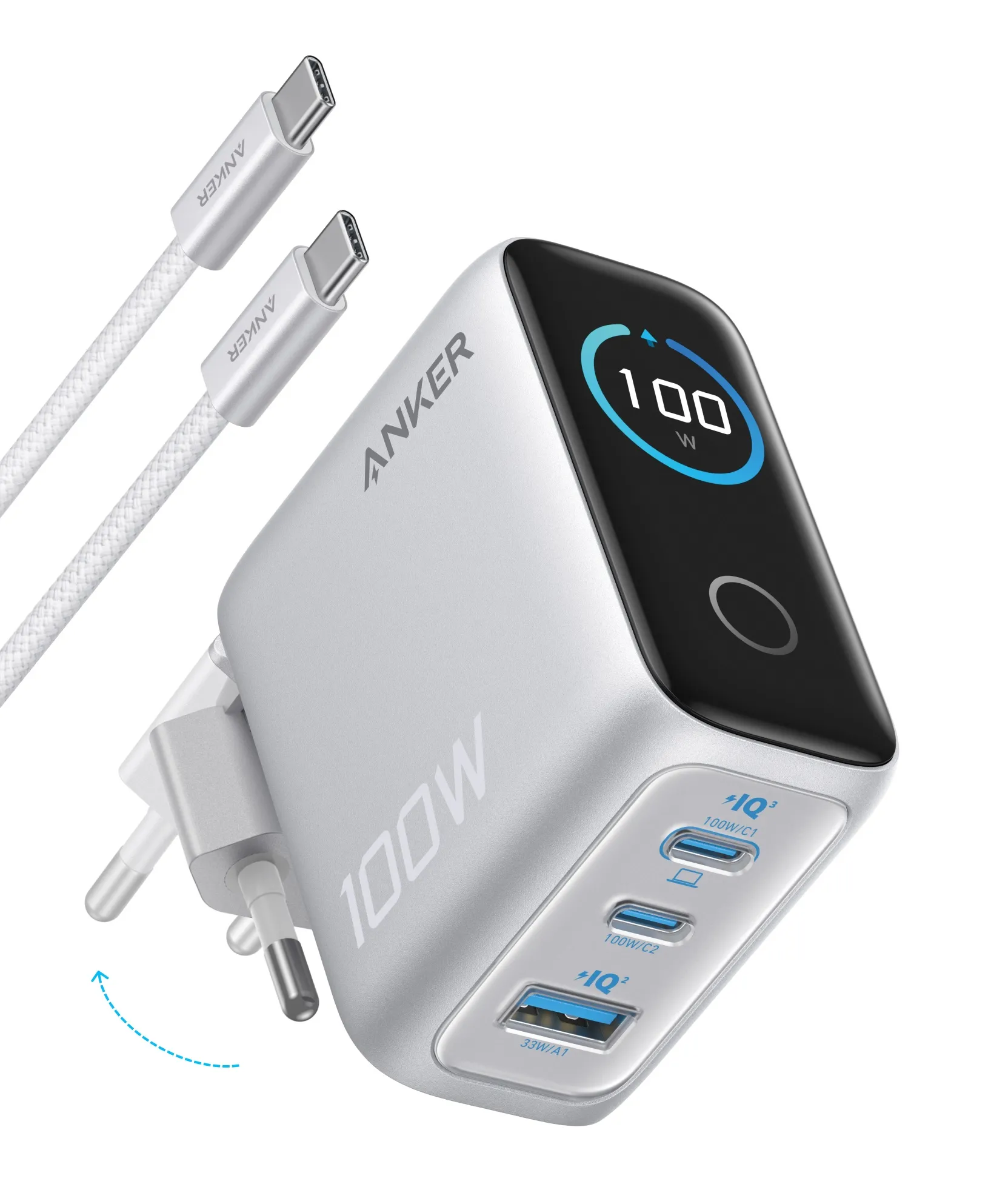 Zasilacz do laptopa Anker 100W (B121BG41) 2x USB-C, 1x USB-A, Kolorowy wyświetlacz, Kabel w zestawie, Srebrny